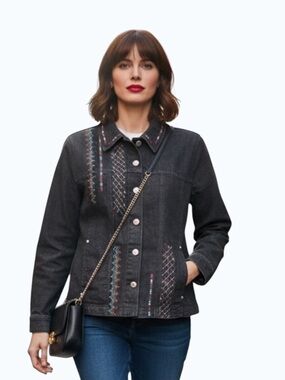 Boho Western Embroidered Stretch Denim Jacket Black 14P